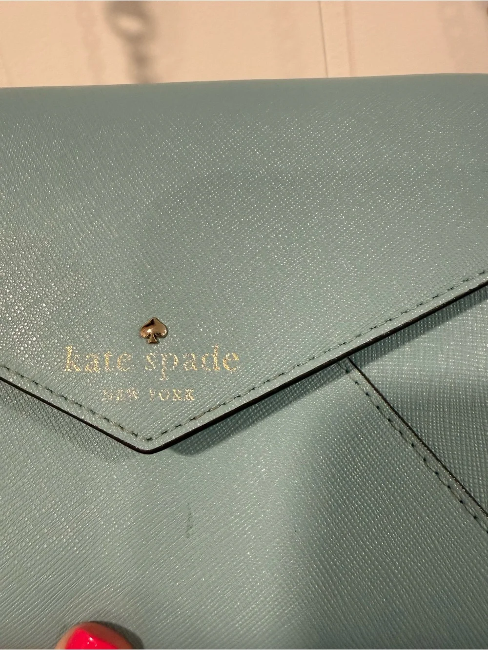 KATE SPADE MONDAY Leather Saffiano Envelope Small Clutch Wallet purse Light Blue